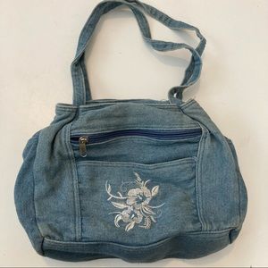Vintage 90s denim white floral embroidered handbag purse